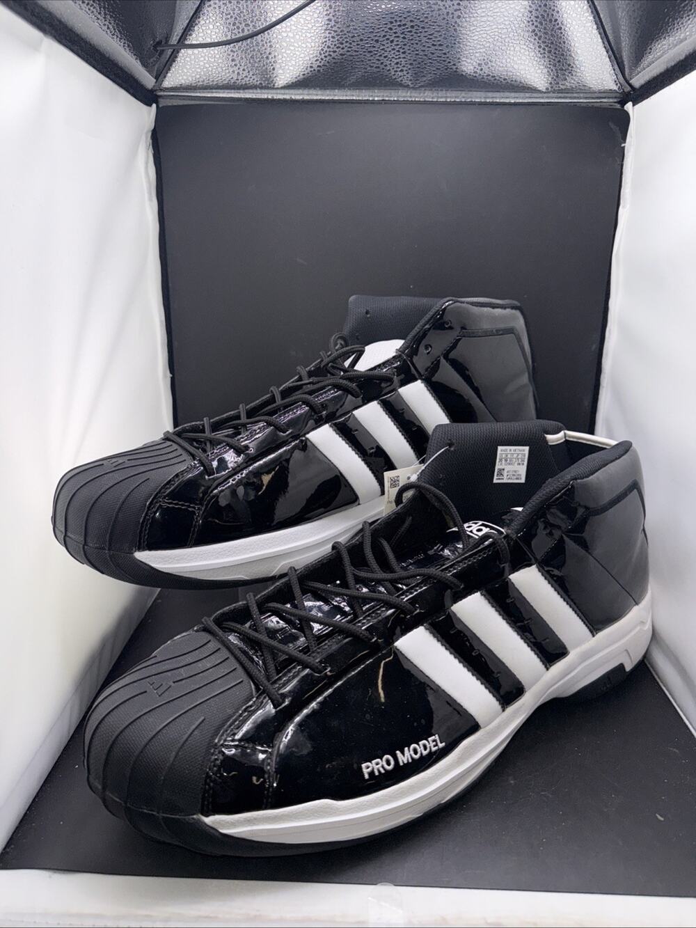 Size 20 Adidas Pro Model Mid Black White Patent Basketball Shoes NWOB Men’s